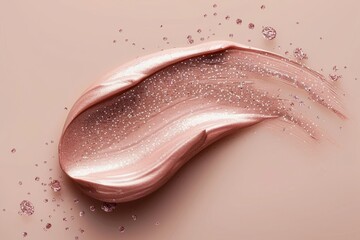 Swatch of liquid pink foundation with glitter on a beige background