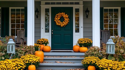 A welcoming front porch decorated with fall mums, pumpkins, and gourds, featuring an elegant wreath on the door