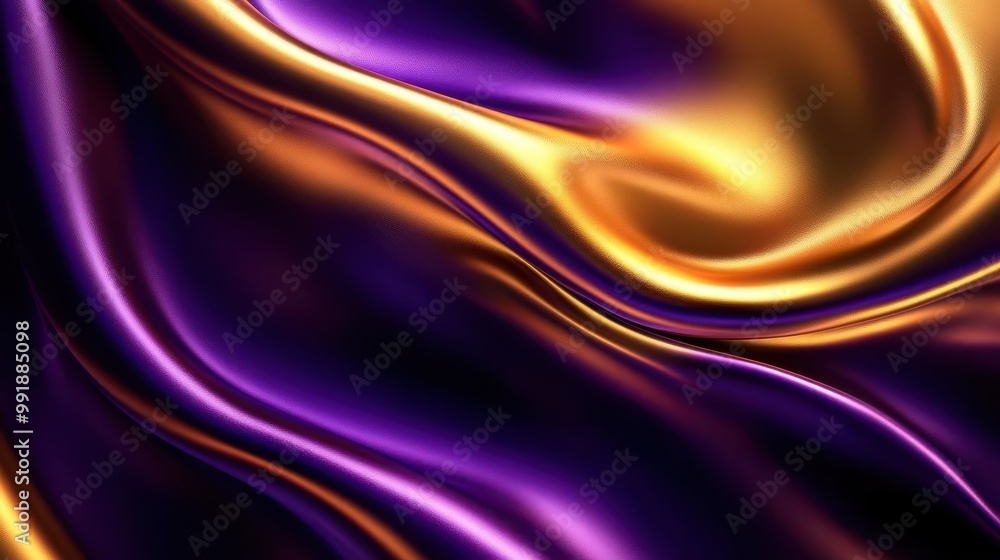 Poster luxurious abstract background featuring undulating waves of shimmering gold and deep purple silk cre