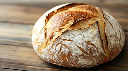 A close up of a freshly baked sourdough loaf with cracks in the crust, set on a rustic wooden table background with soft, natural light