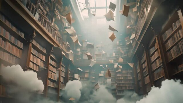 Books are seen suspended in mid-air, filling a room, as if pulled by an invisible force, A calm, serene library filled with holographic books floating in the air