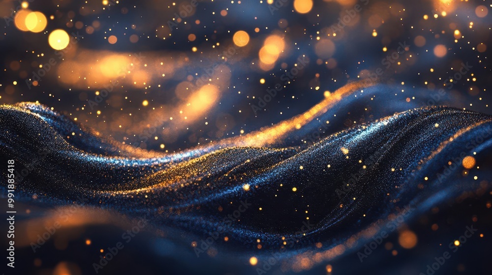 Poster luxurious abstract background with swirling dark blue and gold particles shimmering bokeh effect res