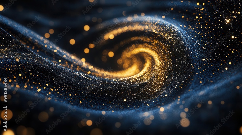 Poster luxurious abstract background with swirling gold glitter deep blue light trails and shimmering black