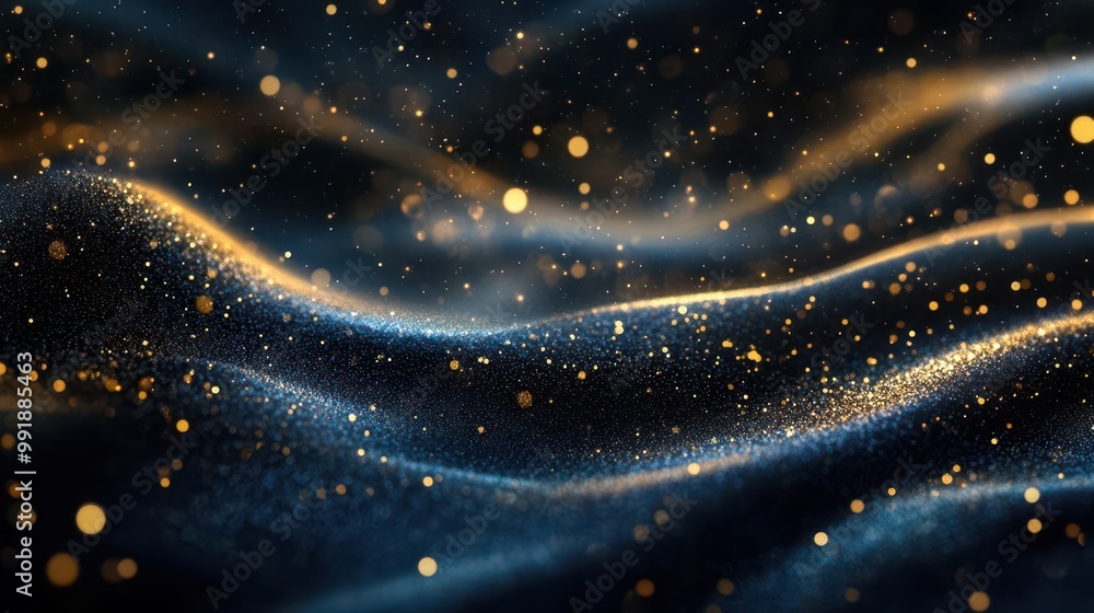 Poster luxurious abstract background with swirling gold glitter deep blue light trails and shimmering black
