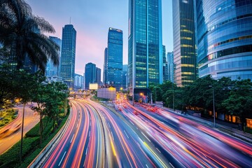 Obraz premium Road in city with skyscrapers and car traffic light trails. Long exposure of evening rush hour with cars racing in and out of Downtown with generative ai