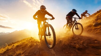 Obraz premium Mountain Bikers Racing at Sunset in Dusty Terrain