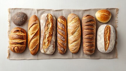 A flat lay of assorted freshly baked bread (baguettes, sourdough, rolls), arranged on a rustic linen cloth with a light kitchen background