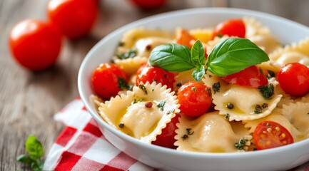 Delicious ravioli pasta dish with cherry tomatoes and fresh basil on a rustic wooden table