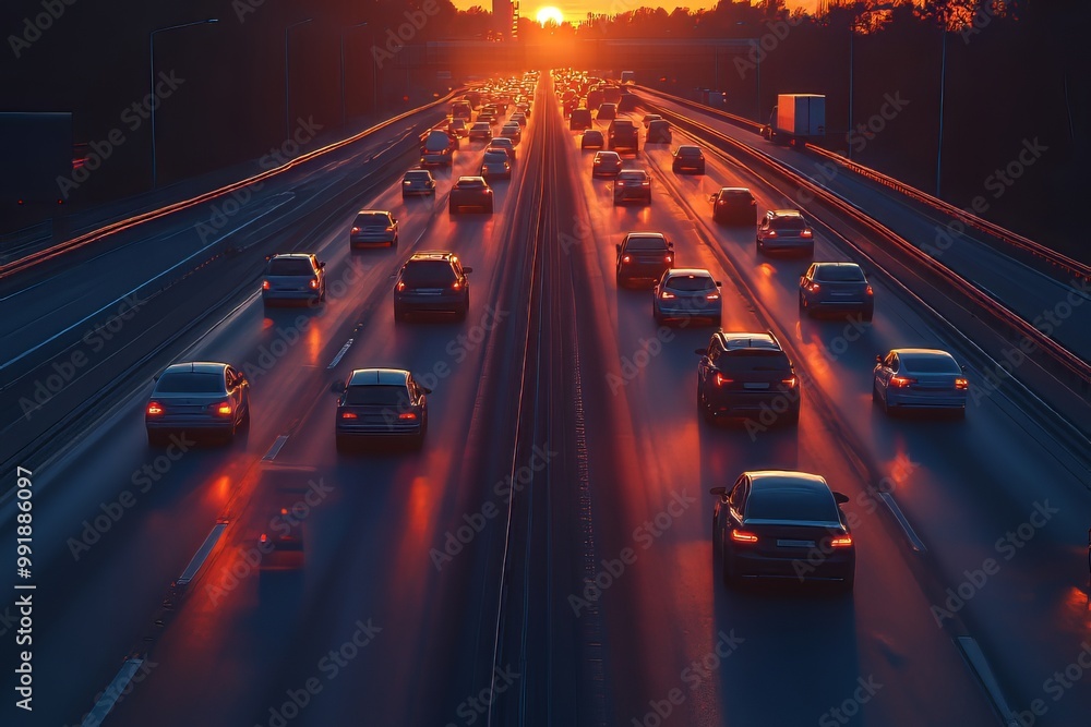 Wall mural heavy traffic at sunrise, sunset, vehicles on the road, jam, freeway, rush hour