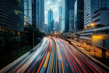 Fototapeta premium Road in city with skyscrapers and car traffic light trails. Long exposure of evening rush hour with cars racing in and out of Downtown with generative ai