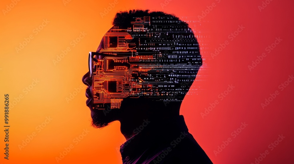 Poster the digital mind of an electrical engineer: a double exposure portrait of a man with a circuit board