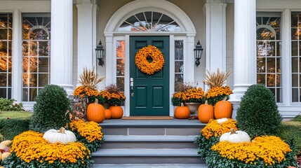 A welcoming front porch decorated with fall mums, pumpkins, and gourds, featuring an elegant wreath on the door