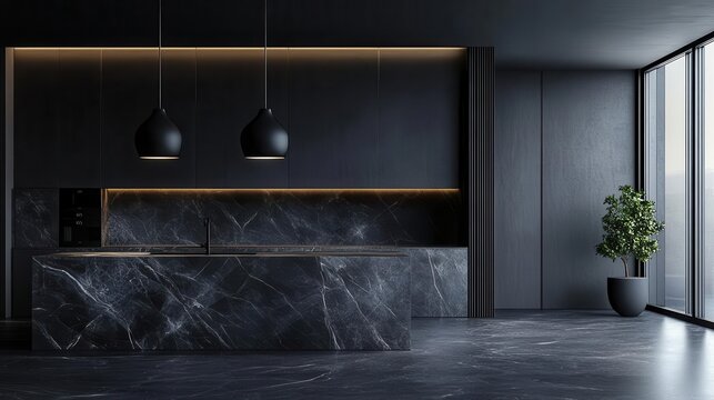 luxurious black marble countertop on sleek black wall dramatic lighting highlighting veining minimalist highend kitchen or bathroom setting sophisticated monochrome design