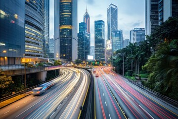 Obraz premium Road in city with skyscrapers and car traffic light trails. Long exposure of evening rush hour with cars racing in and out of Downtown with generative ai