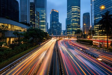 Obraz premium Road in city with skyscrapers and car traffic light trails. Long exposure of evening rush hour with cars racing in and out of Downtown with generative ai