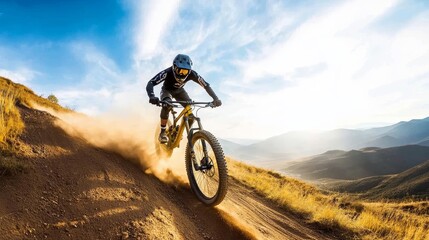 Naklejka premium Action Mountain Biker Riding on Dusty Trail