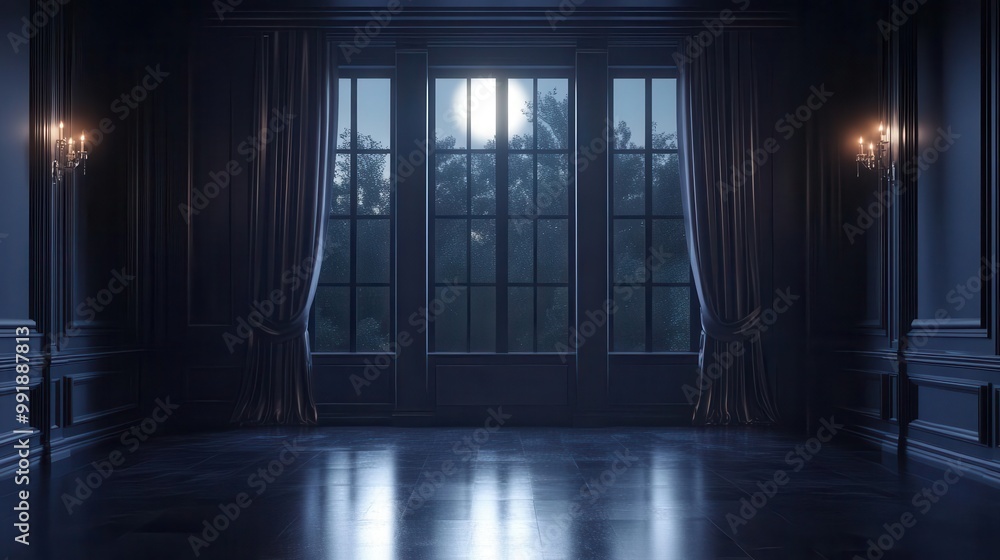 Poster luxurious dark empty room illuminated by moonlight through large windows elegant interior design cop