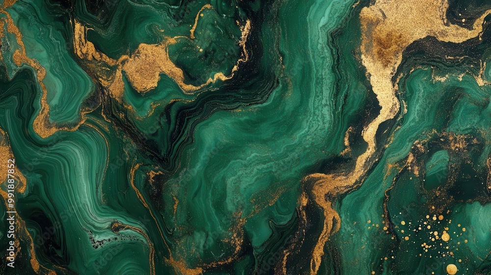 Poster luxurious emerald abstract rich green marble texture with golden veins swirling patterns of deep eme
