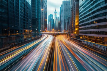 Fototapeta premium Road in city with skyscrapers and car traffic light trails. Long exposure of evening rush hour with cars racing in and out of Downtown with generative ai
