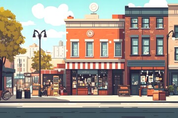 A City Street Scene with Shops and a Busy Sidewalk