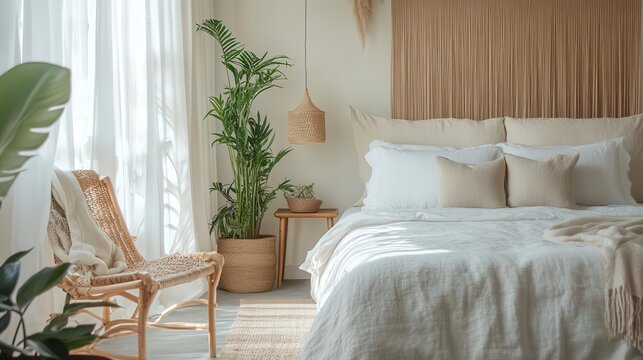 luxurious ecofriendly bedroom featuring organic cotton linens in soft muted tones complemented by natural wood furnishings and lush potted plants for a serene sustainable retreat