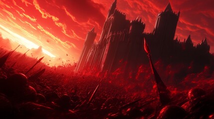 Fototapeta premium A menacing crimson fortress stands tall against a fiery sunset, surrounded by a vast army of spear-wielding figures. The scene evokes a sense of power, danger, and impending conflict.