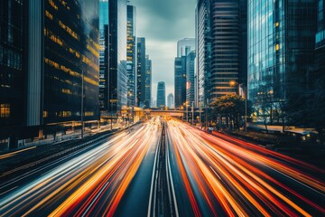 Fototapeta premium Road in city with skyscrapers and car traffic light trails. Long exposure of evening rush hour with cars racing in and out of Downtown with generative ai