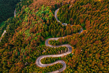Cheia road Brasov. Aerial view of a serpent mountains road Romania, in the heart of Transylvania