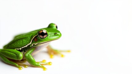 Obraz premium A small green frog sits on a white background, showcasing its vibrant green skin, large brown eyes, and small, delicate limbs. It's a perfect representation of nature's beauty, innocence, and the capt