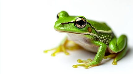 Obraz premium Small green frog with vibrant colors isolated on a white background, showcasing its unique markings and captivating eyes. This image represents nature, tranquility, and the beauty of wildlife.