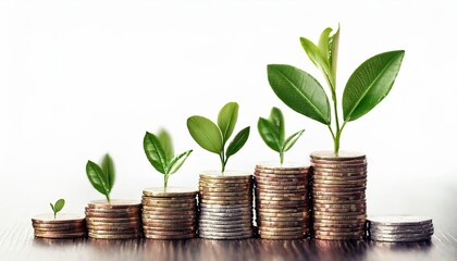 Green leaf plant on save money coins, Business finance saving banking investment concept.