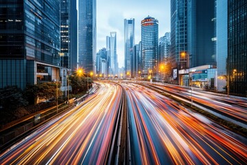 Fototapeta premium Road in city with skyscrapers and car traffic light trails. Long exposure of evening rush hour with cars racing in and out of Downtown with generative ai