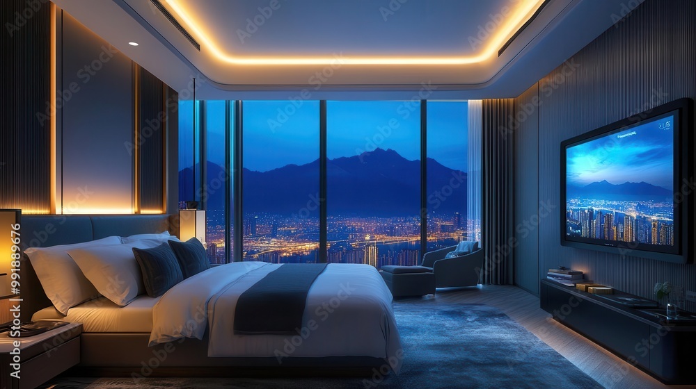 Poster luxurious hotel room with smart home features including holographic controls moodresponsive lighting