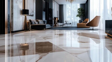 luxurious interior featuring a seamless blend of polished marble and glossy epoxy flooring creating a striking geometric pattern with a mirrorlike finish