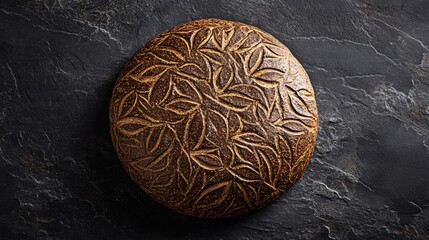 A round loaf of rye bread with intricate patterns on the crust, placed on a dark slate background for a dramatic, artisanal presentation
