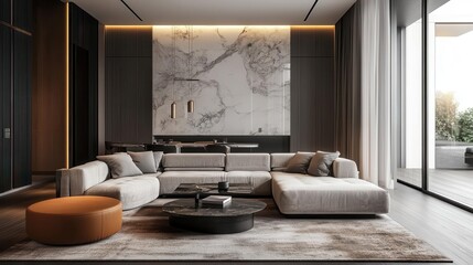 luxurious interior showcases perfect harmony of modern and classic elements soft ambient lighting accentuates rich textures and curated decor creating inviting living space