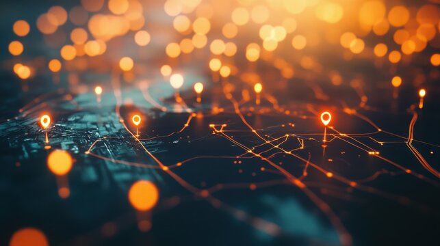 Abstract network map with glowing lines and location pins, representing global connectivity. - Powered by Adobe