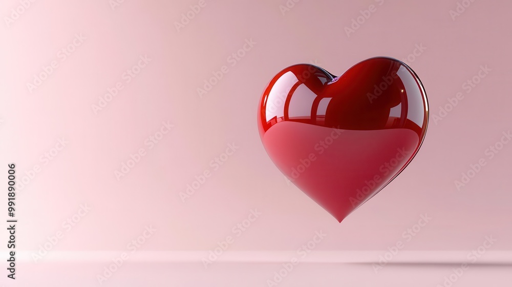 Poster 3d rendered valentines concept featuring a glossy red heart suspended in a soft pink environment cle