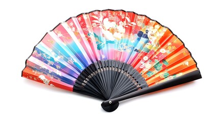 Colorful hand fan with floral pattern.