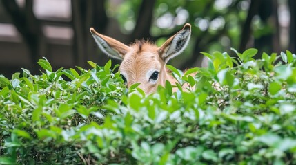 A baby donkey displays its playful nature amidst lush greenery in an olive grove, illuminated by warm, golden sunlight, showcasing its charming features