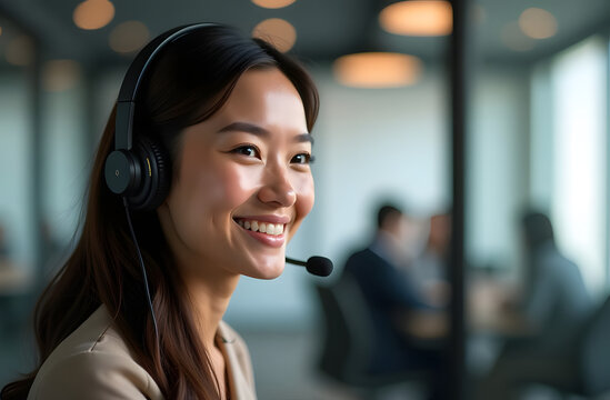 A female translator wearing headphones and a microphone smiles from her booth, radiating professionalism. Behind her, the conference hall is visible