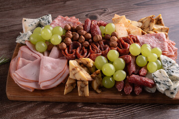 meat, cheese, antipasto, wine, snack, photography, food, horizontal, salami, grape, freshness, assortment, ham, sausage, appetizer, charcuterie, dinner, board