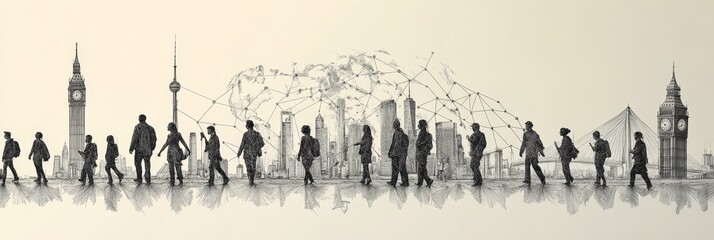 Naklejka premium A captivating pencil art illustration depicting a diverse group of people connected by a network of lines, symbolizing global connectivity, communication, collaboration, shared experiences, and human 
