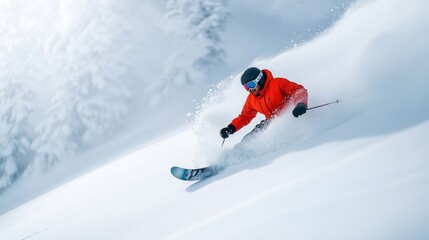 Skier in Action on a Snowy Mountain Slope