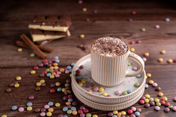 cup, hot, beverage, chocolate, coffee, whipped, cream, sweets, shavings, dessert, saucer, candies, assorted, gourmet, indulgent, confectionery, crumbly, aroma, decadent, vibrant, crispy
