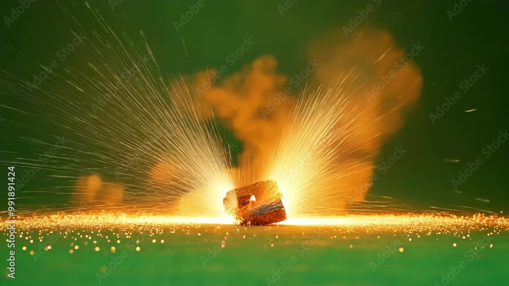 Poster sparks flying everywhere from a square object exploding, creating a big cloud of smoke and fire, per