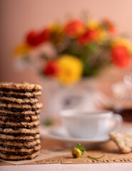 photo, cookie, chocolate, layer, cup, saucer, tea, bouquet, photograph, flower, dessert, red, sweet, yellow, paper, coffee, orange, blossom, aesthetic, space, green, plant