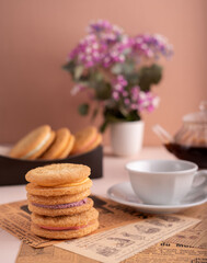 stack, cookie, filled, cream, flavored, similar, background, plate, white, cup, saucer, image, newspaper, vintage, paper, underneath, item, decorative