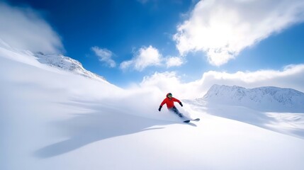 Snowboarder Carving Through Fresh Powder in Winter Landscape