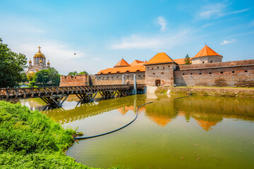 Fagaras Citadel Fortress and the Cathedral near Fagaras mountains in Fagaras city in Romania